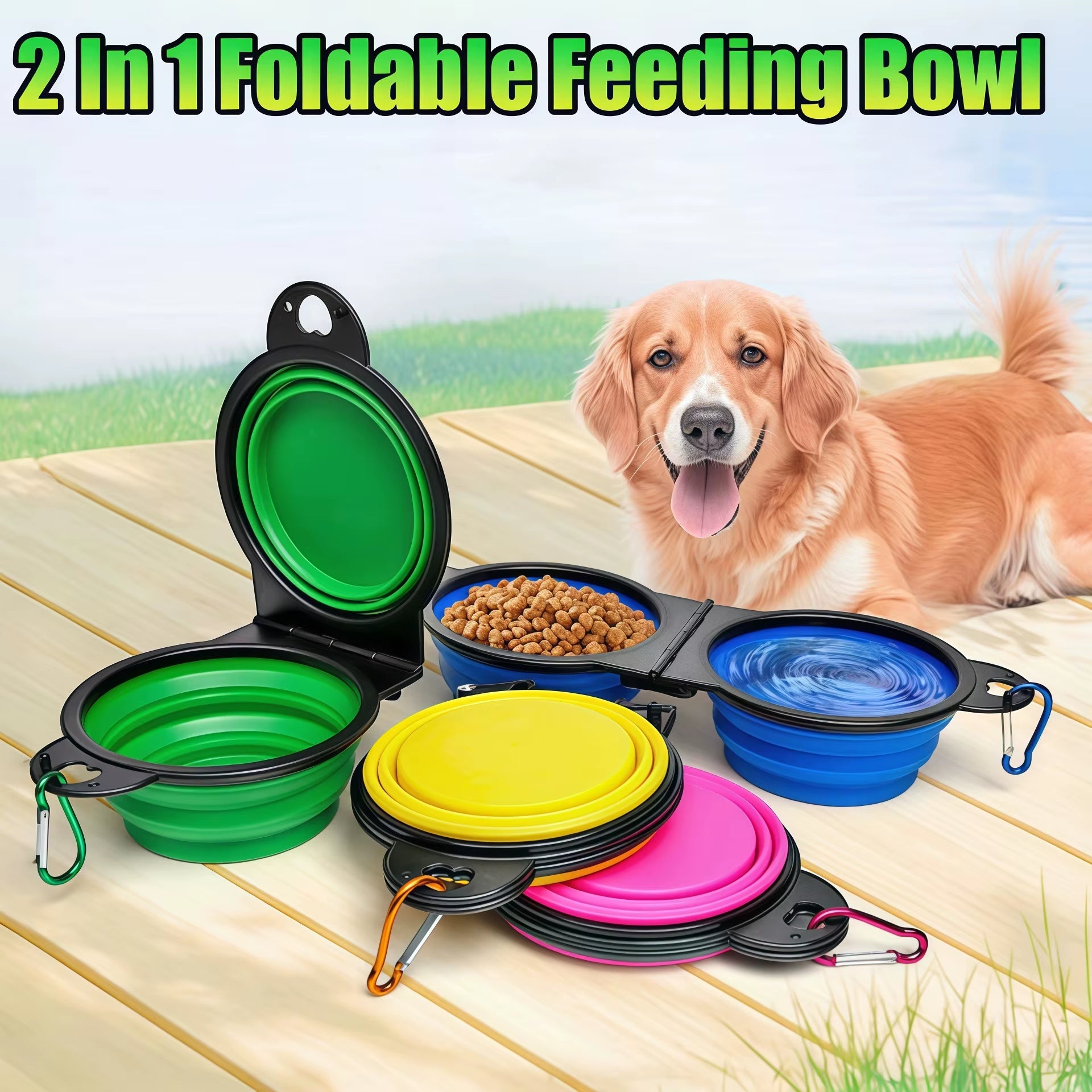 2 in 1 Collapsible Dog Travel Bowl Double Bowls Folding Food Water Bowl Portable Hangable Dog Feeder for Outdoor Dog Product