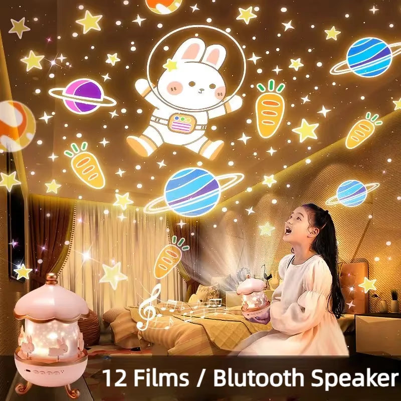 12 Films Projection Lamp with Rotating Music Box Creative Atmosphere Lamp Projector Kids Birthday Gifts Girl Room Nightlight